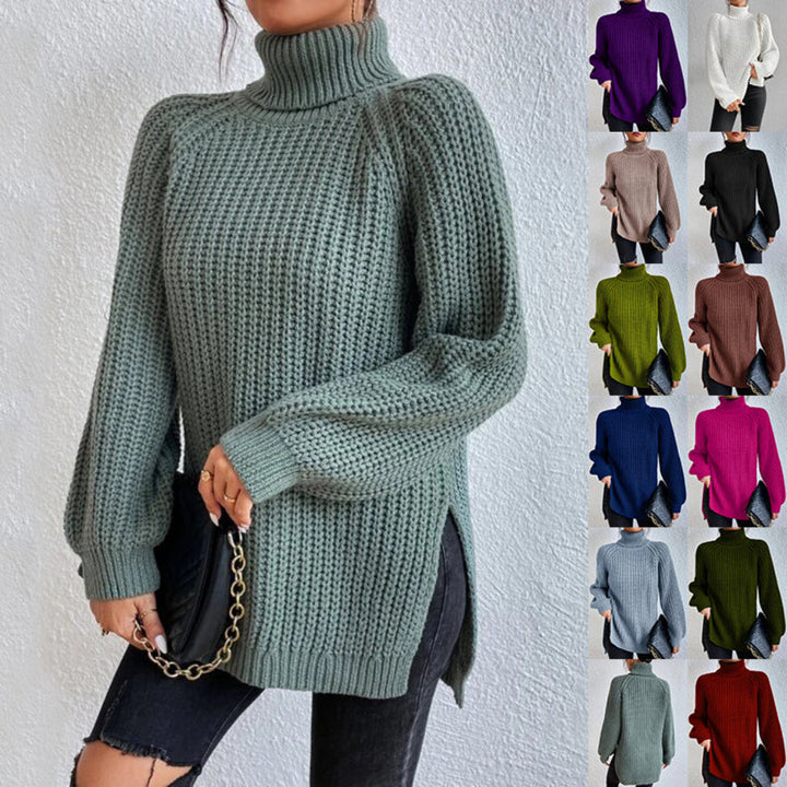 Women's solid color turtleneck pullover sweater with stylish split hem. Perfect for fall fashion.