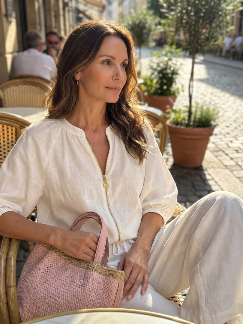 Spring fashion women's set: stylish zip-front top & wide-leg pants.