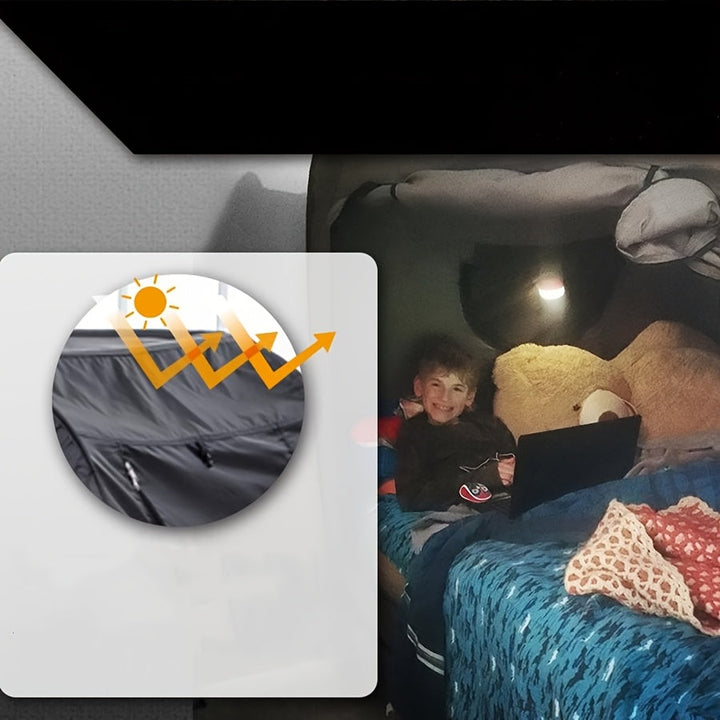 Easy-to-store CozyNest folding tent bed, a practical & protective sleep solution for travel & home.