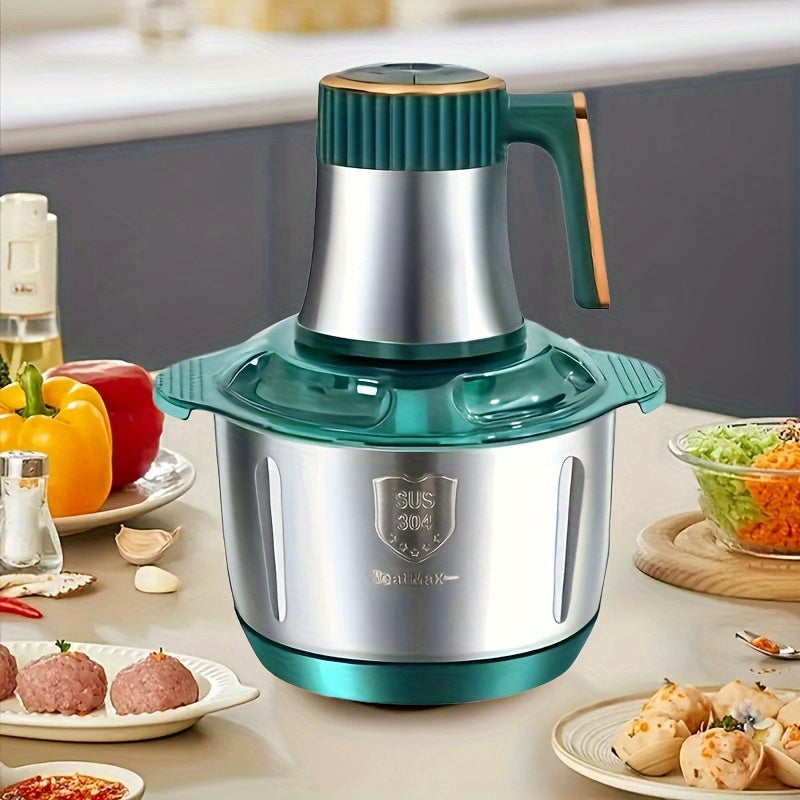 Electric stainless steel meat grinder & vegetable chopper. Efficient kitchen appliance for quick home meal prep.