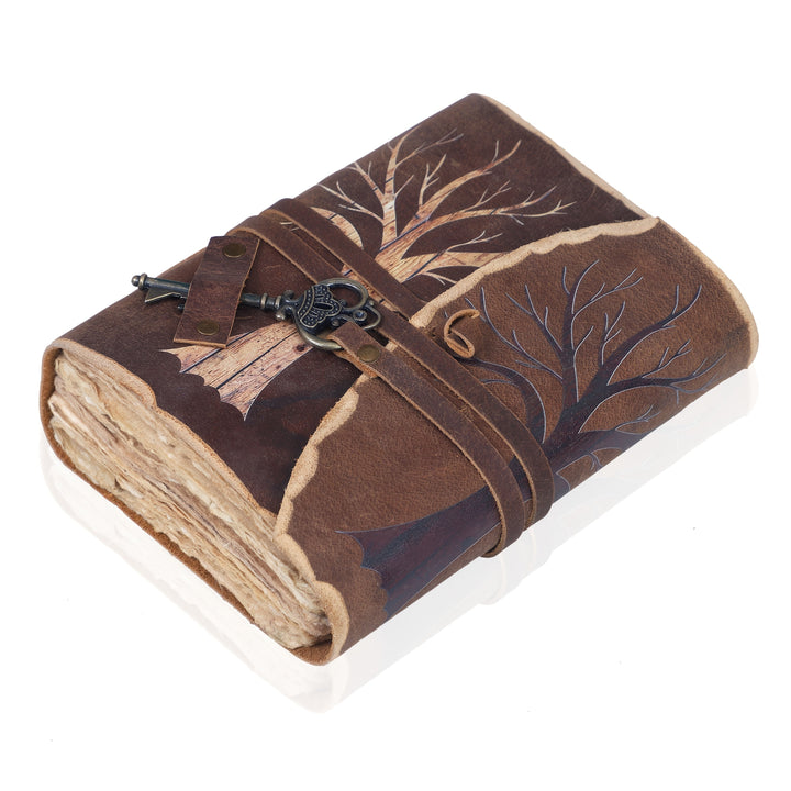 Creative vintage notebook, brown leather look with key lock, ideal for personal thoughts.