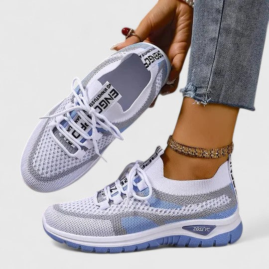 Blue women's comfort walking sneakers, breathable & lightweight with cushioned lace-up support.