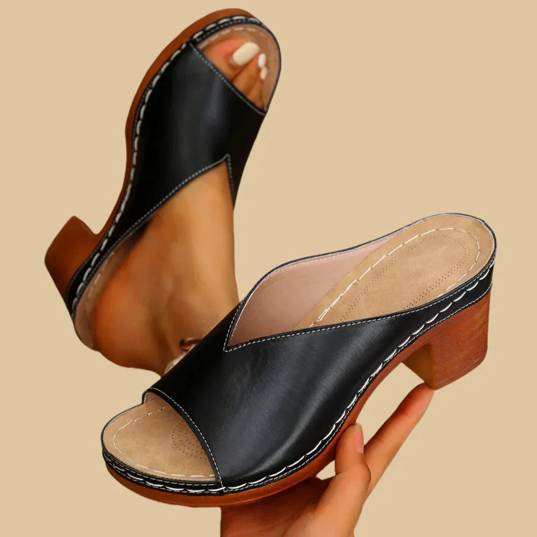 Slip-on block heel sandals for women, designed for all-day comfort. Stylish orthopedic footwear for summer.