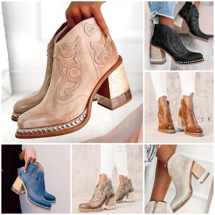 Stylish women's ankle boots with cut-out details and a comfortable block heel, ideal for fall/spring.