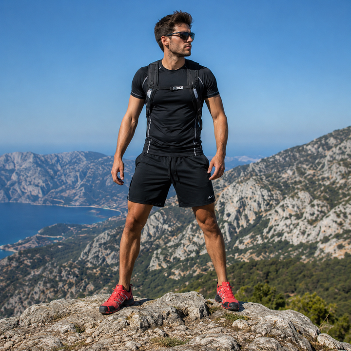 Rugged men's outdoor trail shoes with orthopedic support, perfect for long hikes, ensuring comfort and stability.