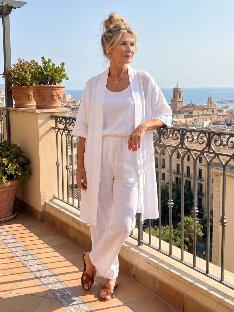 Women's three-piece set for versatile styling: a relaxed top, flowy wide-leg pants, and a matching cardigan.