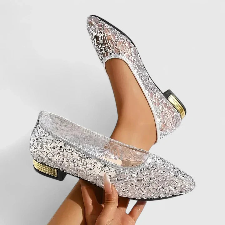 Women's Lace Pointed Toe Flats with Gold Heel