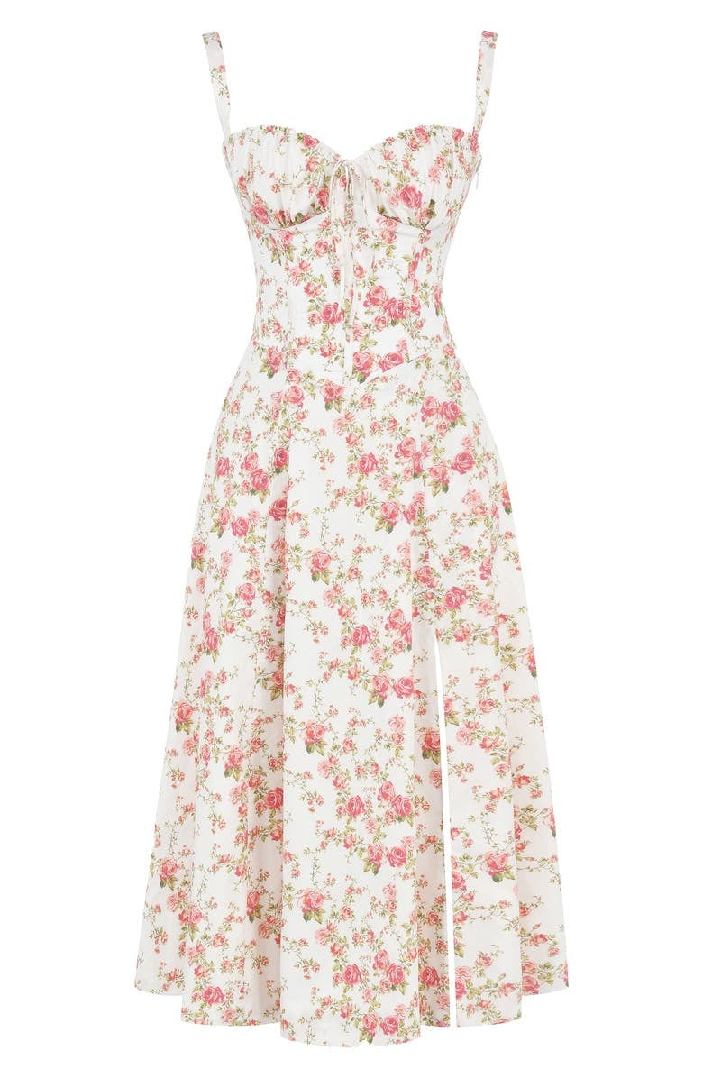 Elegant floral print midi dress for women, featuring a flattering bustier and sleeveless design.