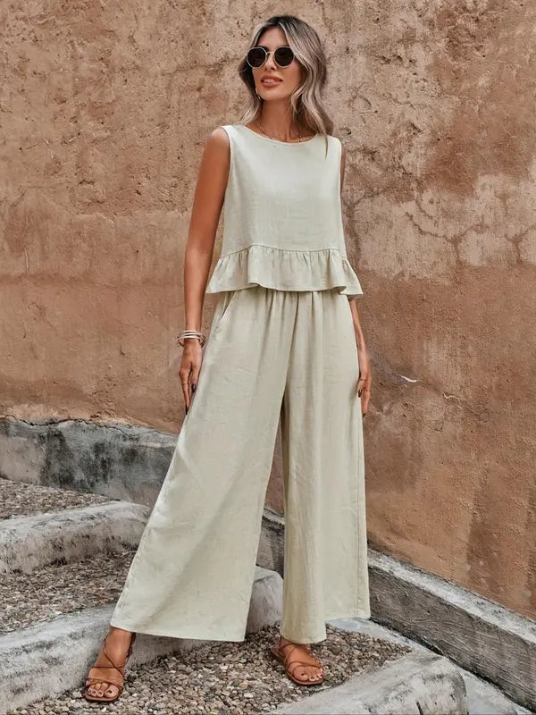Women's Sleeveless Ruffle Hem Top & Wide Leg Pants Set