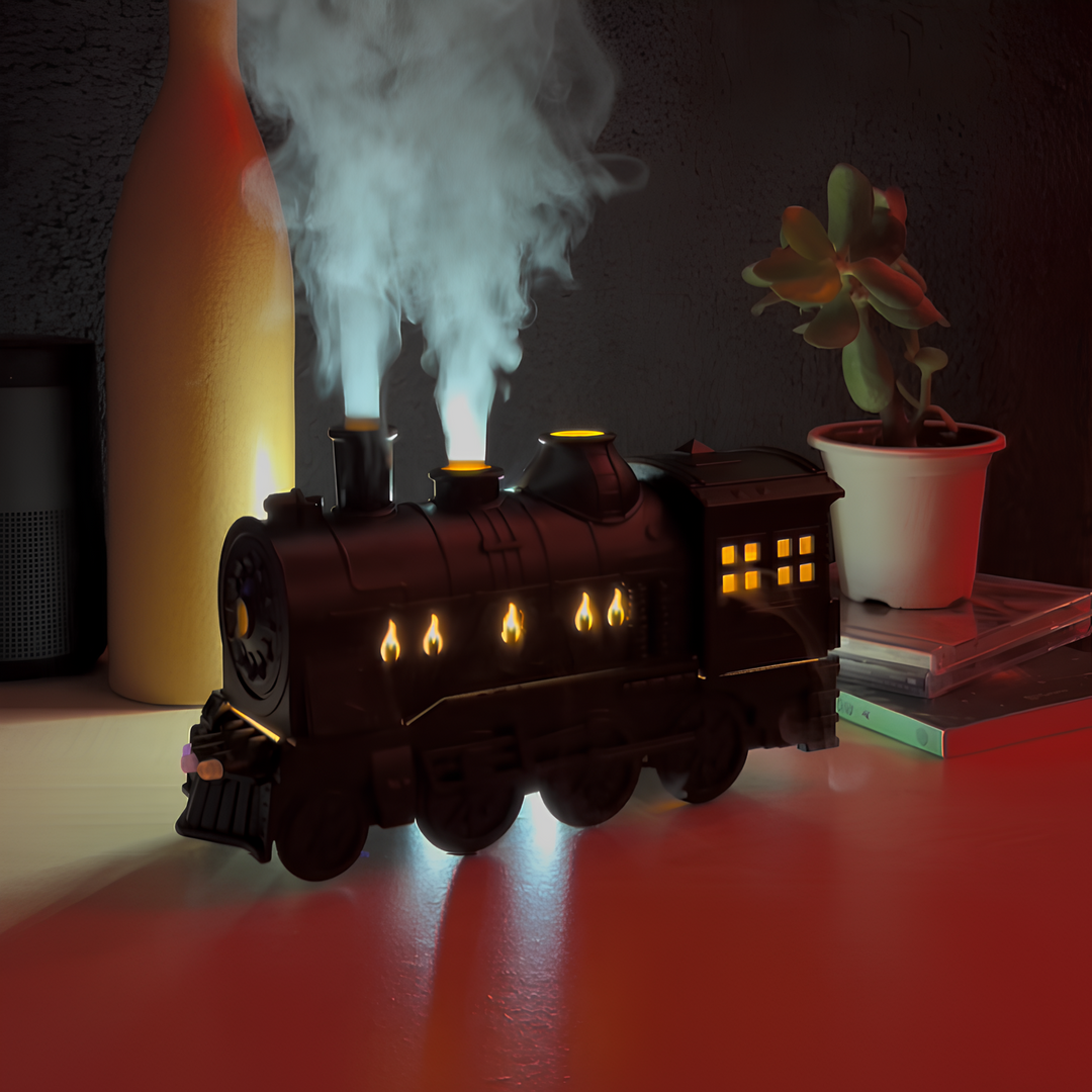 Retro steam locomotive humidifier with cool mist, LED glow, perfect desktop decor for enhanced air quality.