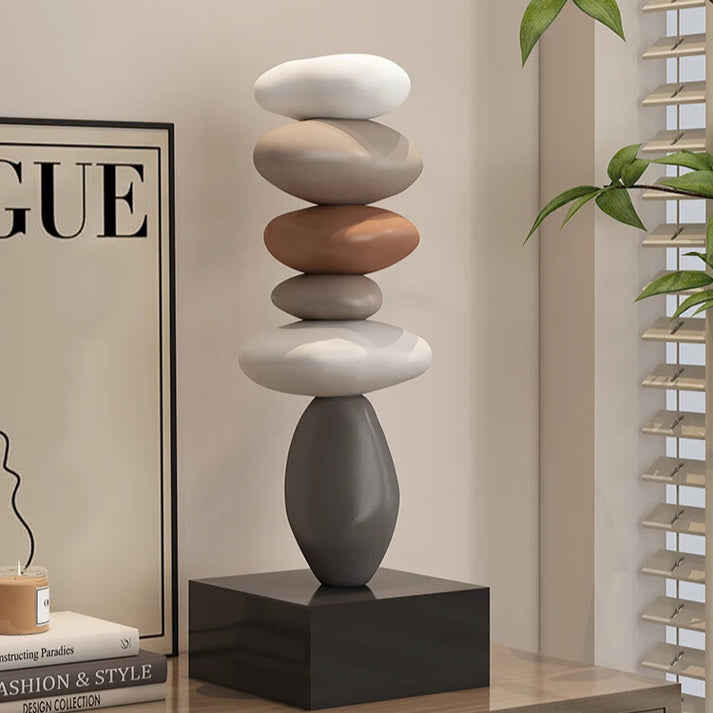 Zen stacked stone sculpture. Modern art for peaceful home decor, minimalist design on a tabletop.