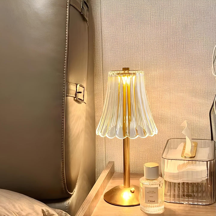 Stylish Golden Crystal Table Lamp, LED, dimmable, touch control, adding elegance to any space.