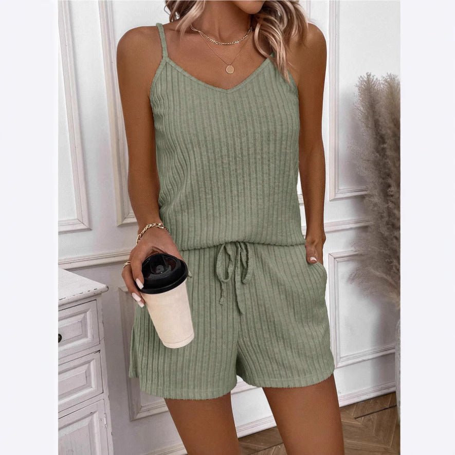 Soft women's V-neck two-piece set, perfect for lounge wear or a comfortable travel outfit. Chic and relaxed fit.