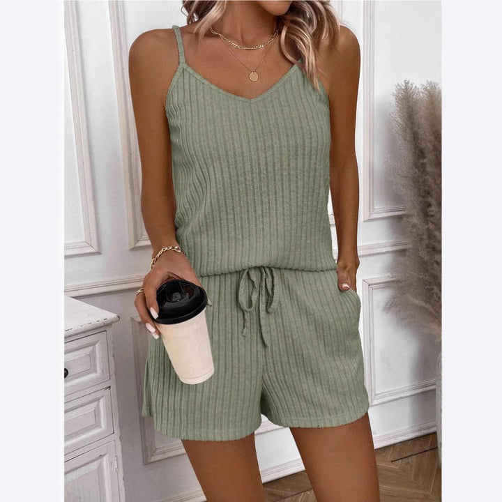 Soft women's V-neck two-piece set, perfect for lounge wear or a comfortable travel outfit. Chic and relaxed fit.