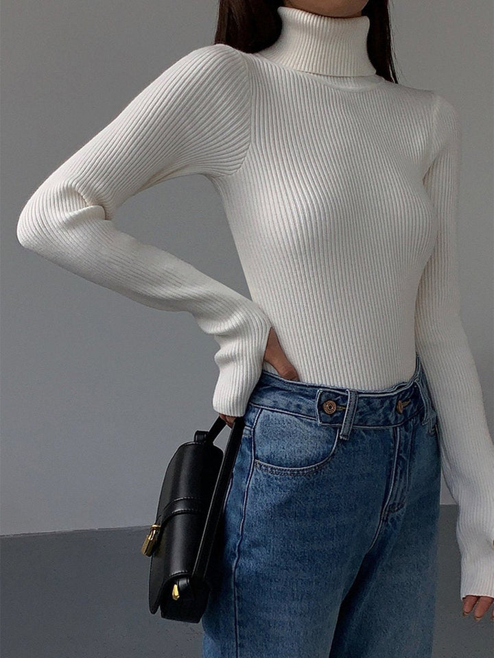 Detailed view of a women's ribbed turtleneck sweater, highlighting its cozy texture and versatile appeal.