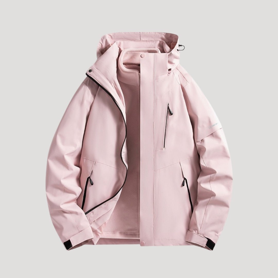 Unisex waterproof hooded rain jacket. All-season outdoor coat for versatile weather protection and travel.