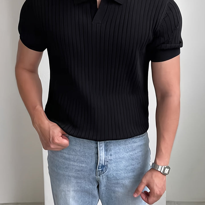 Tailored fit men's ribbed polo. Elevated, comfortable, and versatile for modern smart casual outfits.