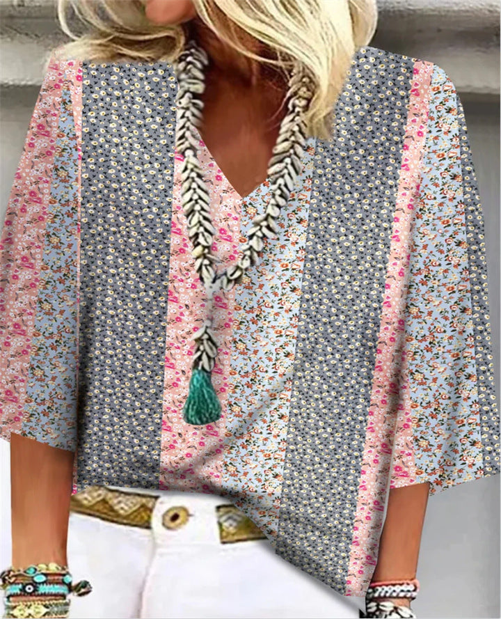 Women's Printed V-Neck 3/4 Sleeve Blouse