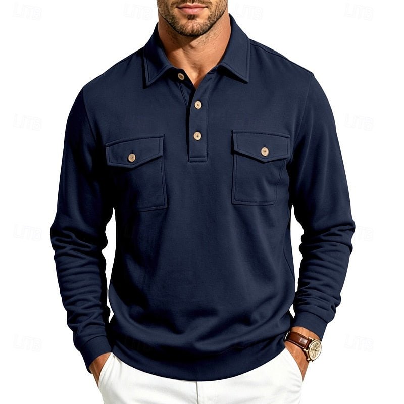 Back view of men's long-sleeve polo shirt, showing regular fit and refined style for smart casual wear.
