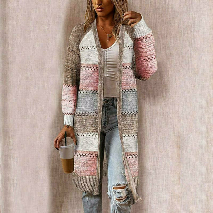 Stylish women's striped long sleeve knit cardigan, relaxed fit for versatile layering in casual or smart-casual outfits.
