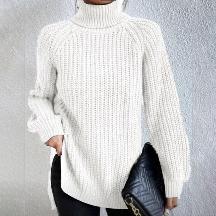 Solid color women's turtleneck sweater with stylish split hem, a cozy fall & winter apparel choice.