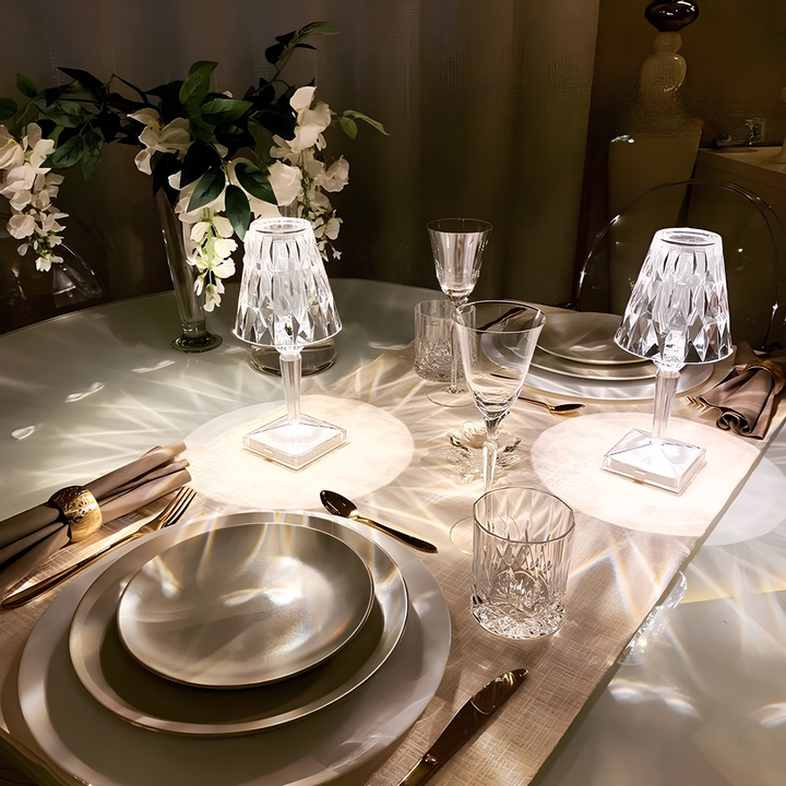 Modern crystal LED lamp, touch dimming, rechargeable, adds sparkling elegance to rooms.