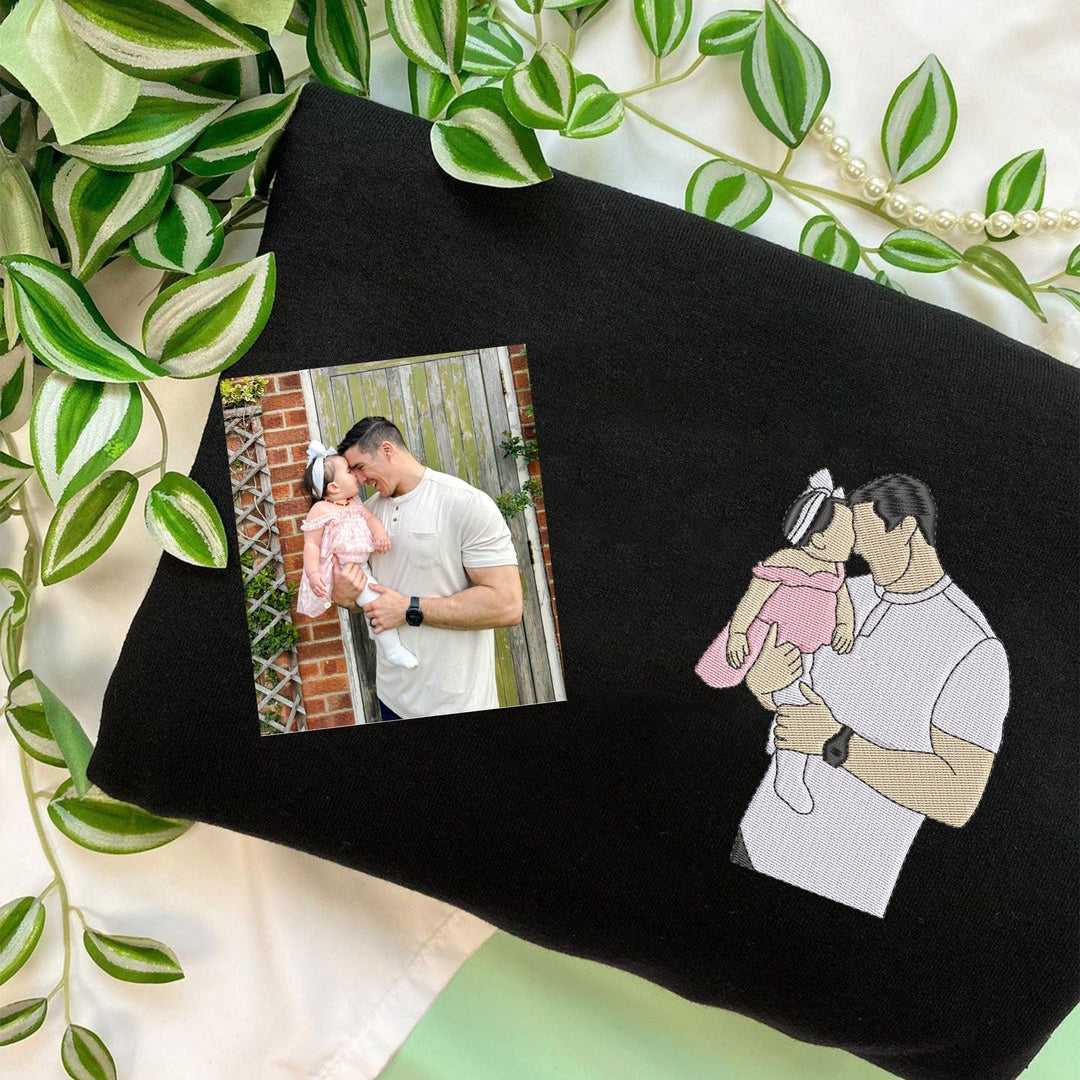 Embroidered photo hoodie for Dad. Unisex custom sweatshirt, perfect Father's Day gift with unique design.