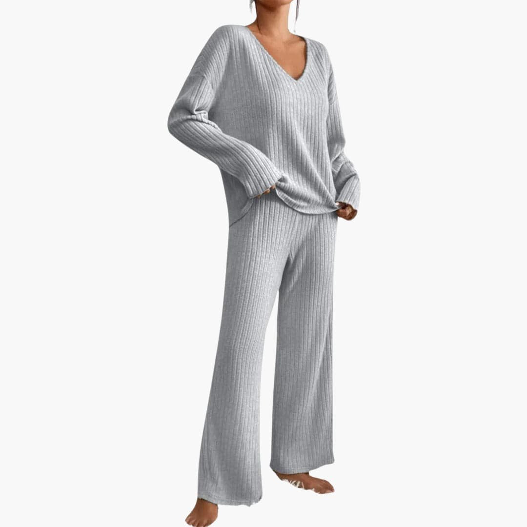 Minimalist women's ribbed lounge set. Elegant long sleeve top & straight leg pants for everyday style.