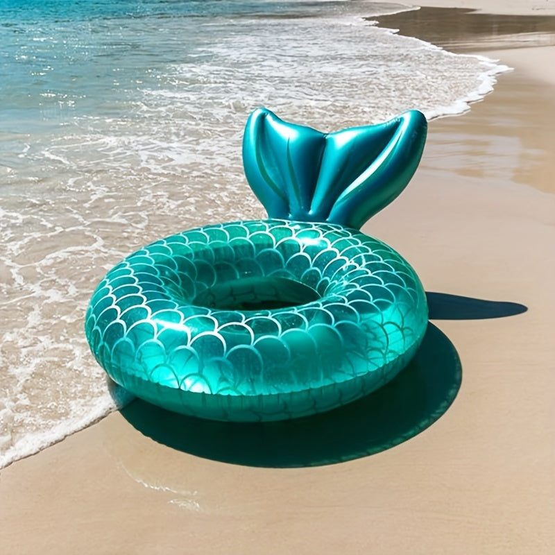 Summer essential: Large adult mermaid shell inflatable float with built-in pillow for pool or beach.
