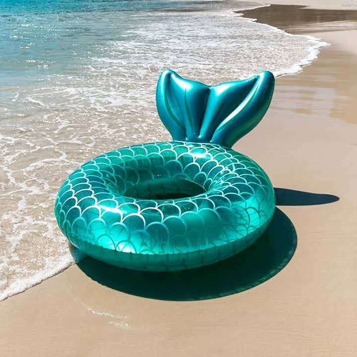 Summer essential: Large adult mermaid shell inflatable float with built-in pillow for pool or beach.
