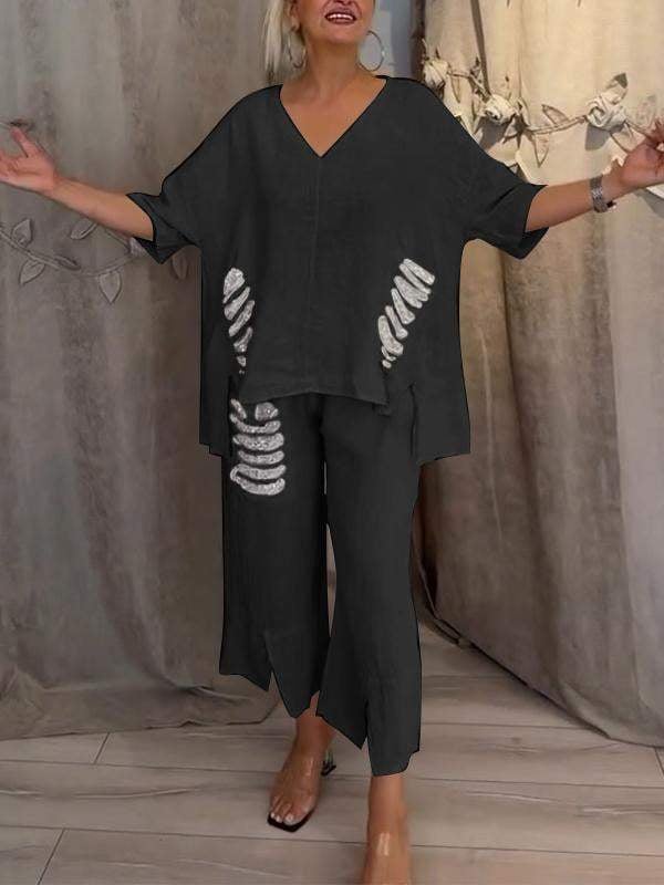 Women's V-Neck Top & Wide Leg Pants Set