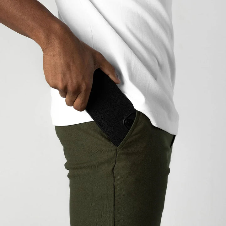 Olive men's everyday chinos, perfect for a blend of casual and active living.