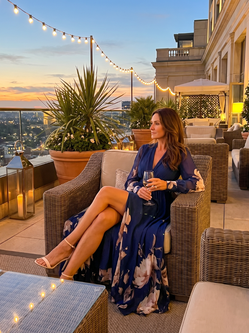 Navy V-neck maxi dress with stylish pleated sheer sleeves, offering an elegant and flattering silhouette.