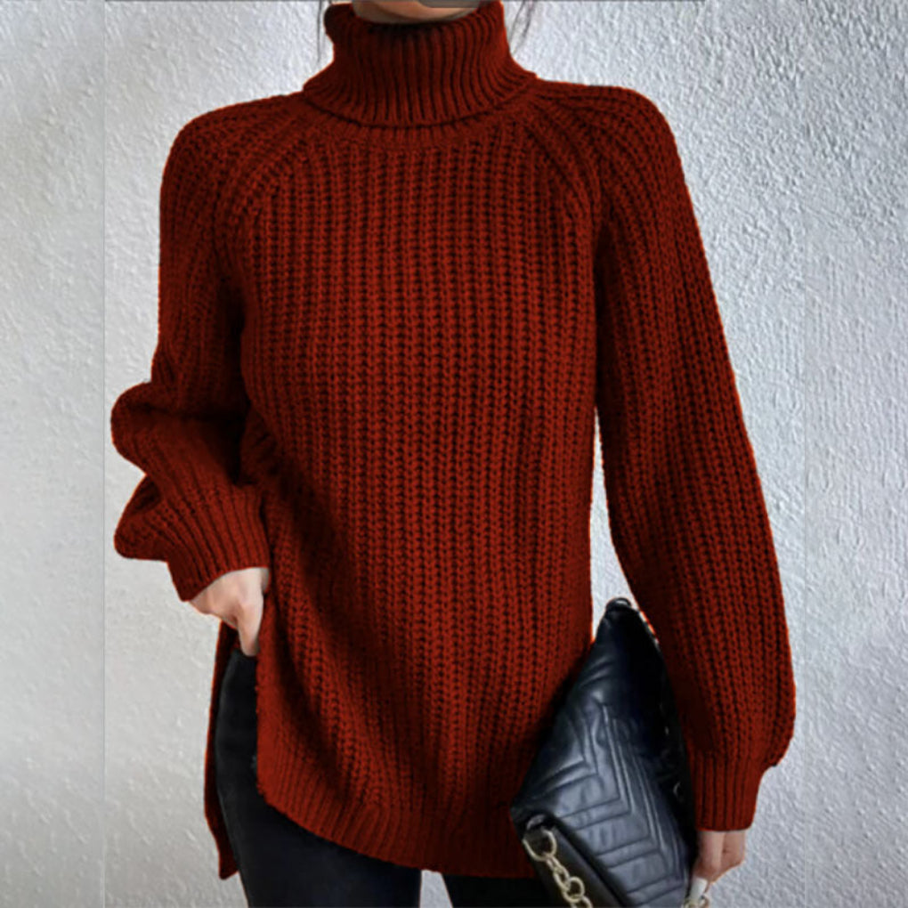 Women's versatile turtleneck sweater, split hem. Ideal layering piece for fall and winter fashion.