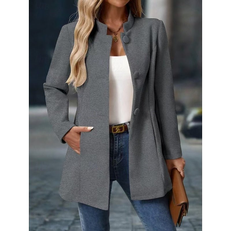 Women's versatile stand-collar trench coat, a tailored long-sleeve piece for elegant fall fashion.