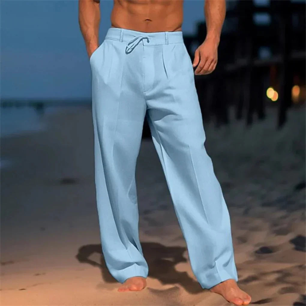 Lightweight men's linen pants, relaxed wide leg fit with adjustable drawstring for casual summer wear.