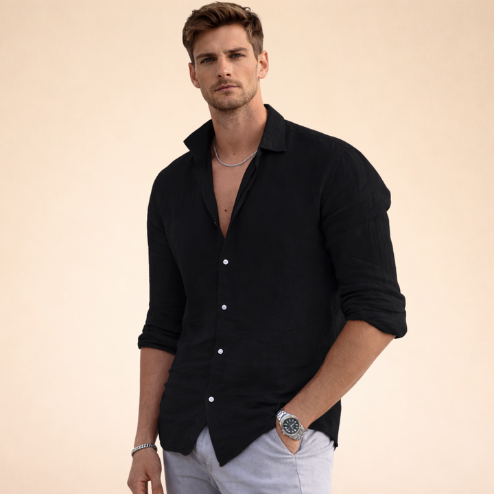 Timeless black men's long sleeve button-down shirt. Classic fit, perfect casual everyday wear & summer versatility.