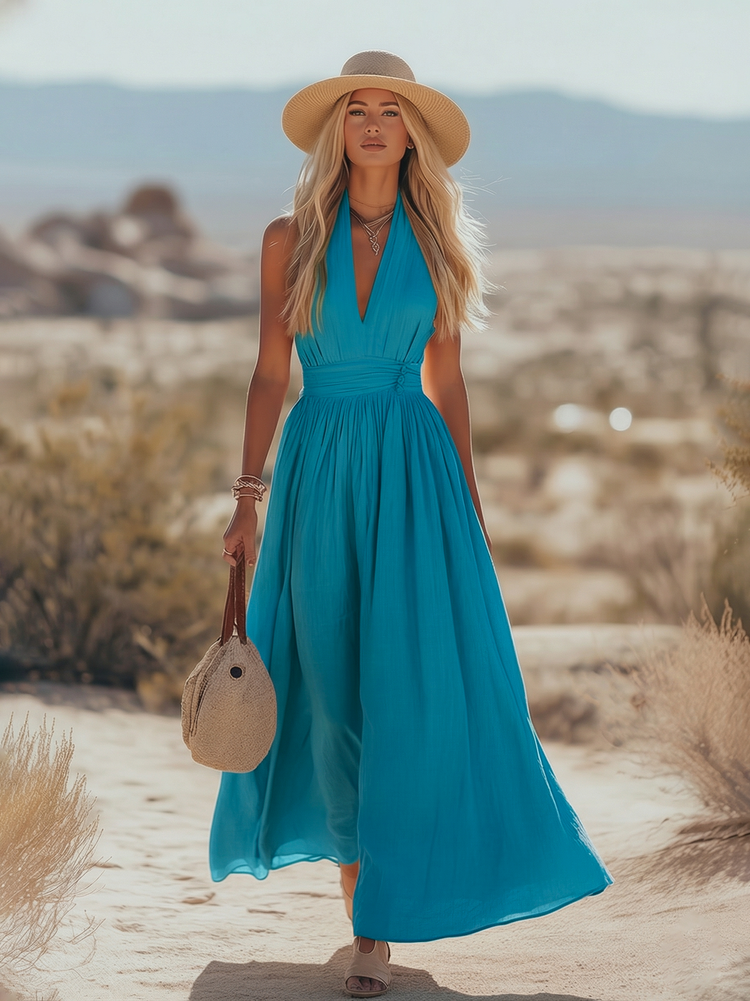 Teal Halter Neck Flowy Maxi Dress, perfect sleeveless resort wear for vacation.