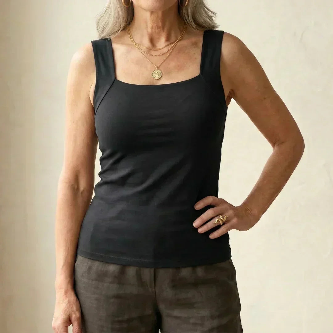 Women's square neck tank top with built-in bra, perfect for everyday comfort & style.
