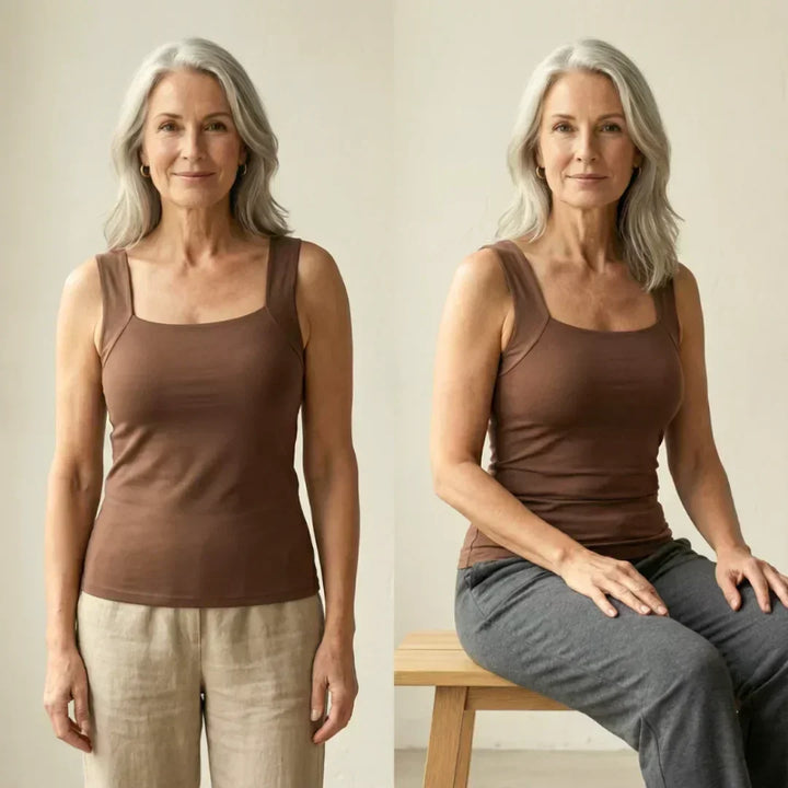 Basic women's square neck tank with built-in bra, a foundational piece for any outfit.