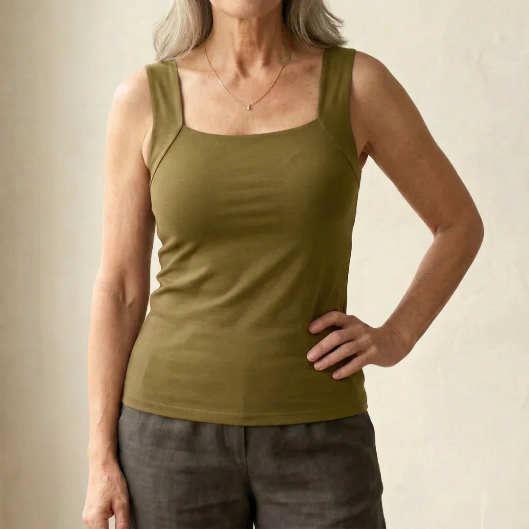 Comfortable women's square neck tank with built-in bra, a soft & supportive everyday top.