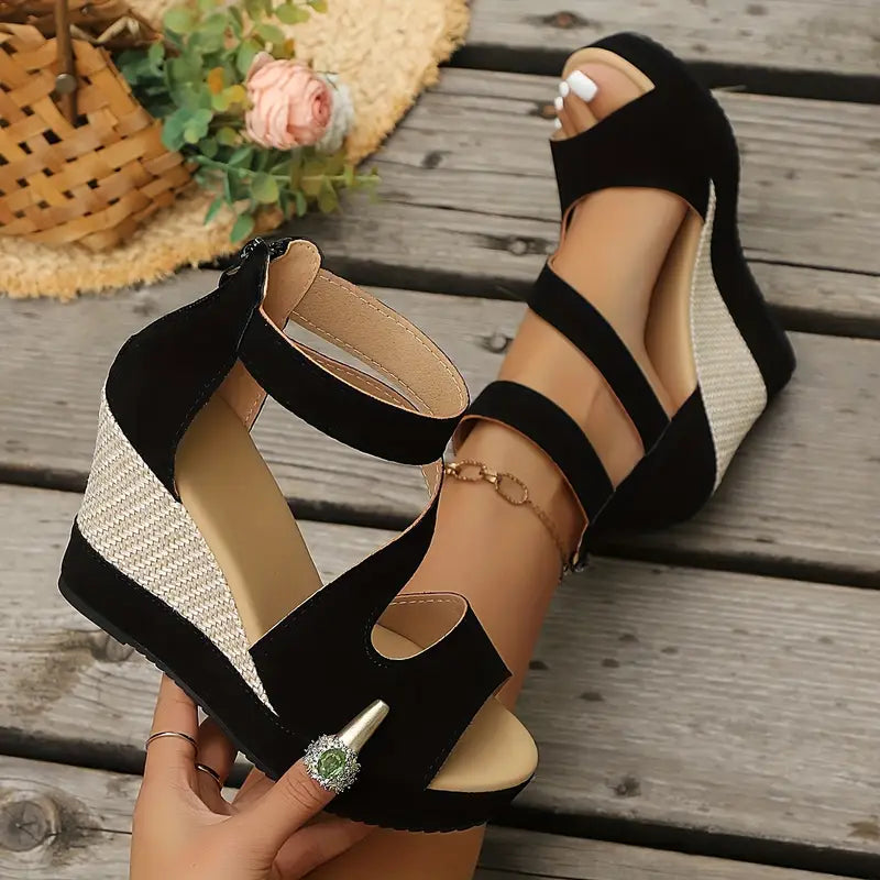 Calvina | Women's Black Ankle Strap Wedge Sandals - Black - Image 2