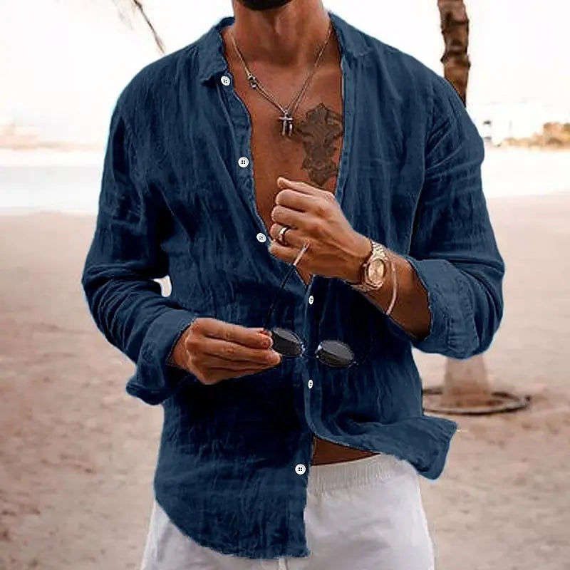Men's casual long sleeve button-down shirt; effortless summer style, versatile everyday wear.