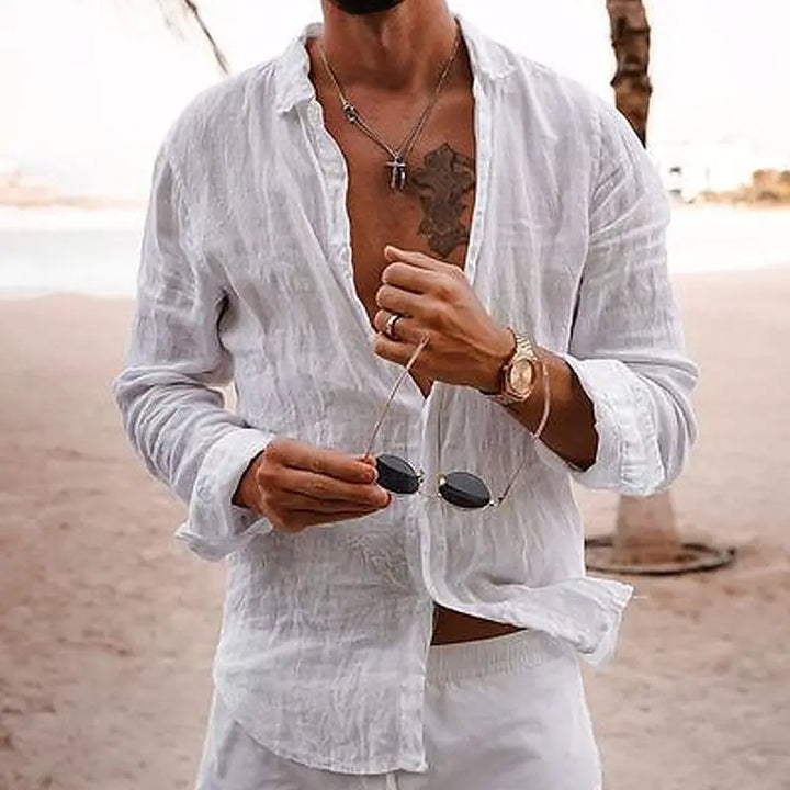 Classic men's casual long sleeve button-down shirt; relaxed fit for cool summer style.