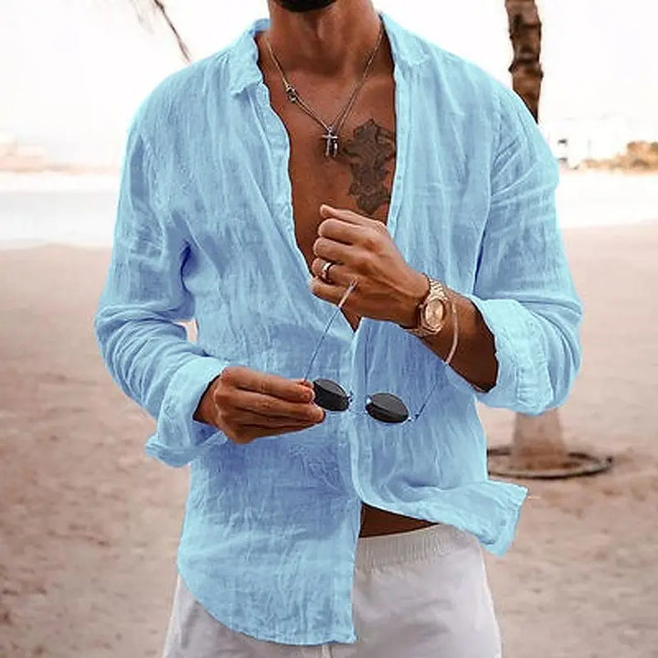 Men's casual long sleeve button-down for a relaxed summer look; versatile everyday wear.