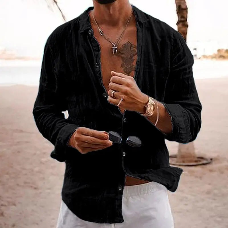 Comfortable men's relaxed fit long sleeve button-down shirt; ideal for casual summer days.