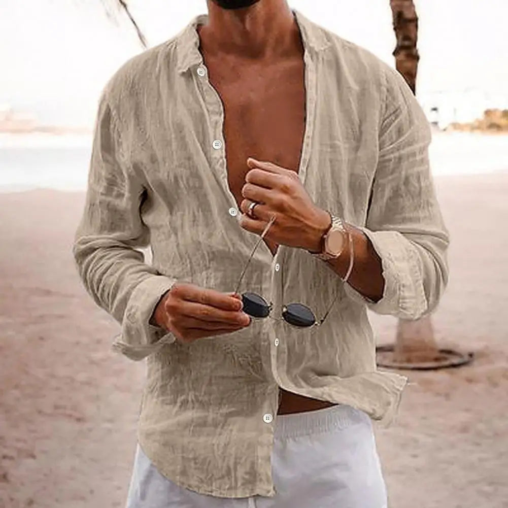 Trendy men's casual long sleeve button-down shirt; a staple for modern men's summer fashion.