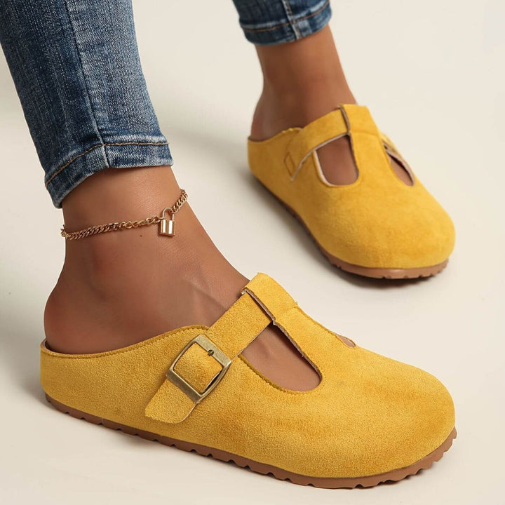 Calypso | Women's Buckle T-Bar Closed Toe Clogs - Yellow - Image 1