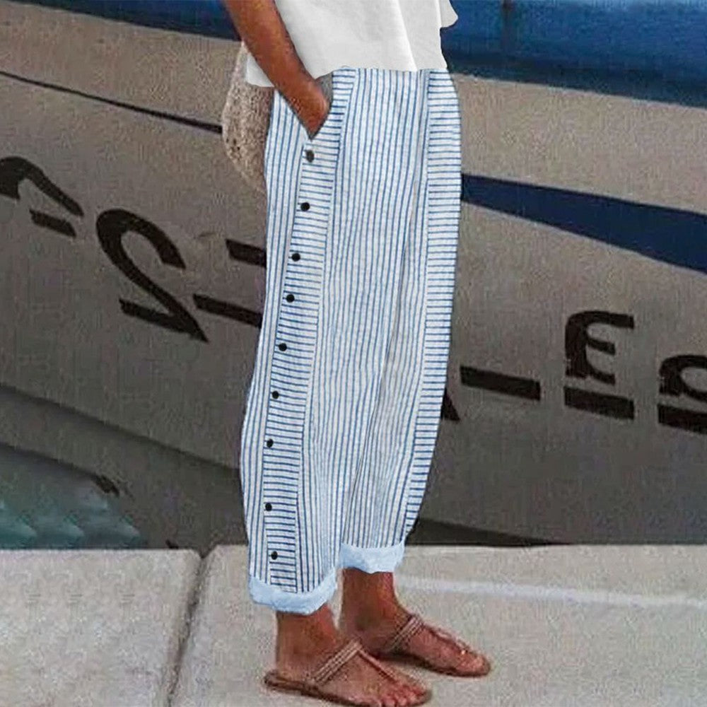 Relaxed fit Camellia striped wide leg pants for women, offering effortless style and comfortable wear for any occasion.