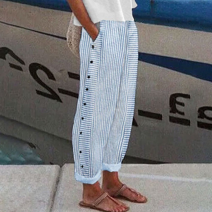 Relaxed fit Camellia striped wide leg pants for women, offering effortless style and comfortable wear for any occasion.